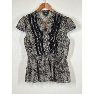 Vtg 90s Y2K Sheer Blouse L Black Grey Leopard Tuxedo Ruffle Gem Gossip Girl